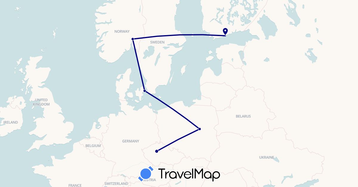 TravelMap itinerary: driving in Czech Republic, Denmark, Finland, Norway, Poland (Europe)